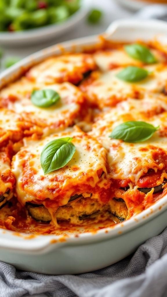 A baked eggplant parmesan dish with layers of cheese and marinara sauce, garnished with basil leaves.