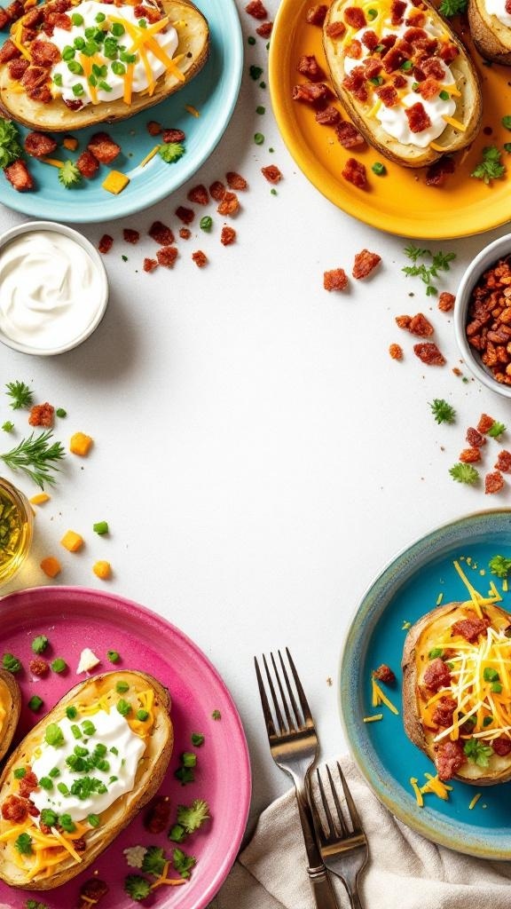 A colorful display of baked potatoes with various toppings like cheese, bacon, and sour cream.