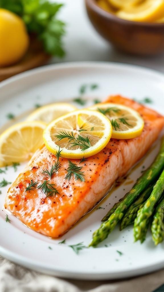 Baked salmon fillet with lemon slices and dill, served with asparagus