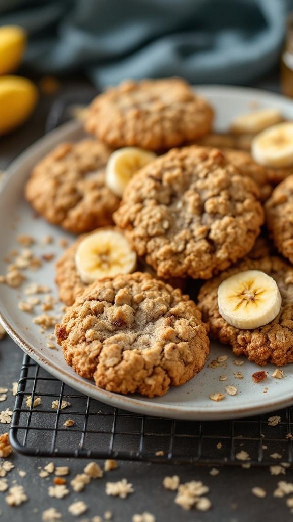 Plate of banana oatmeal cookies with slices of banana on top