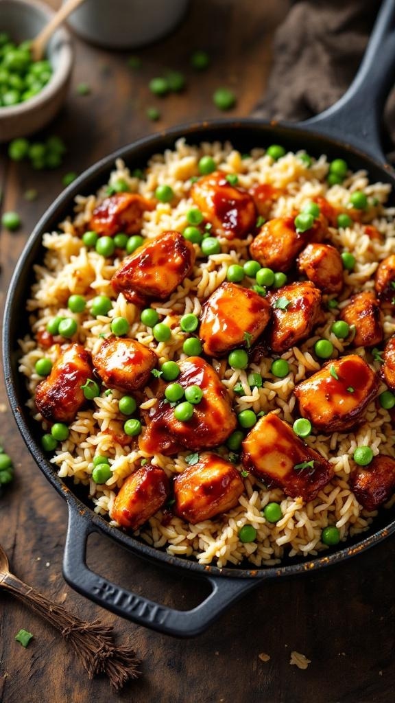 A delicious BBQ chicken and rice skillet with green peas.