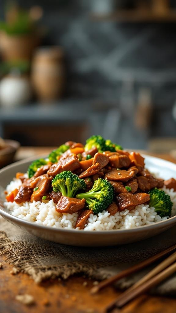 A plate of beef and broccoli stir-fry served over rice, showcasing vibrant colors and textures.