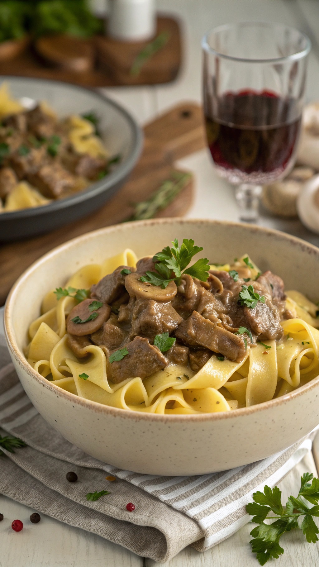 A bowl of beef and mushroom stroganoff served over egg noodles, garnished with parsley.