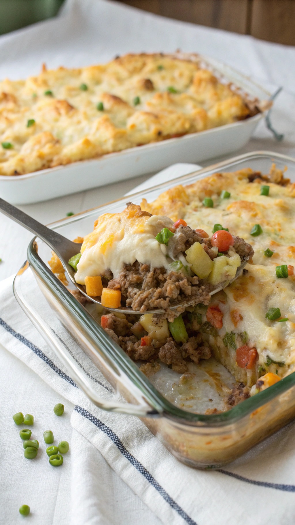 A delicious beef and vegetable casserole in a glass dish, topped with melted cheese and colorful vegetables.