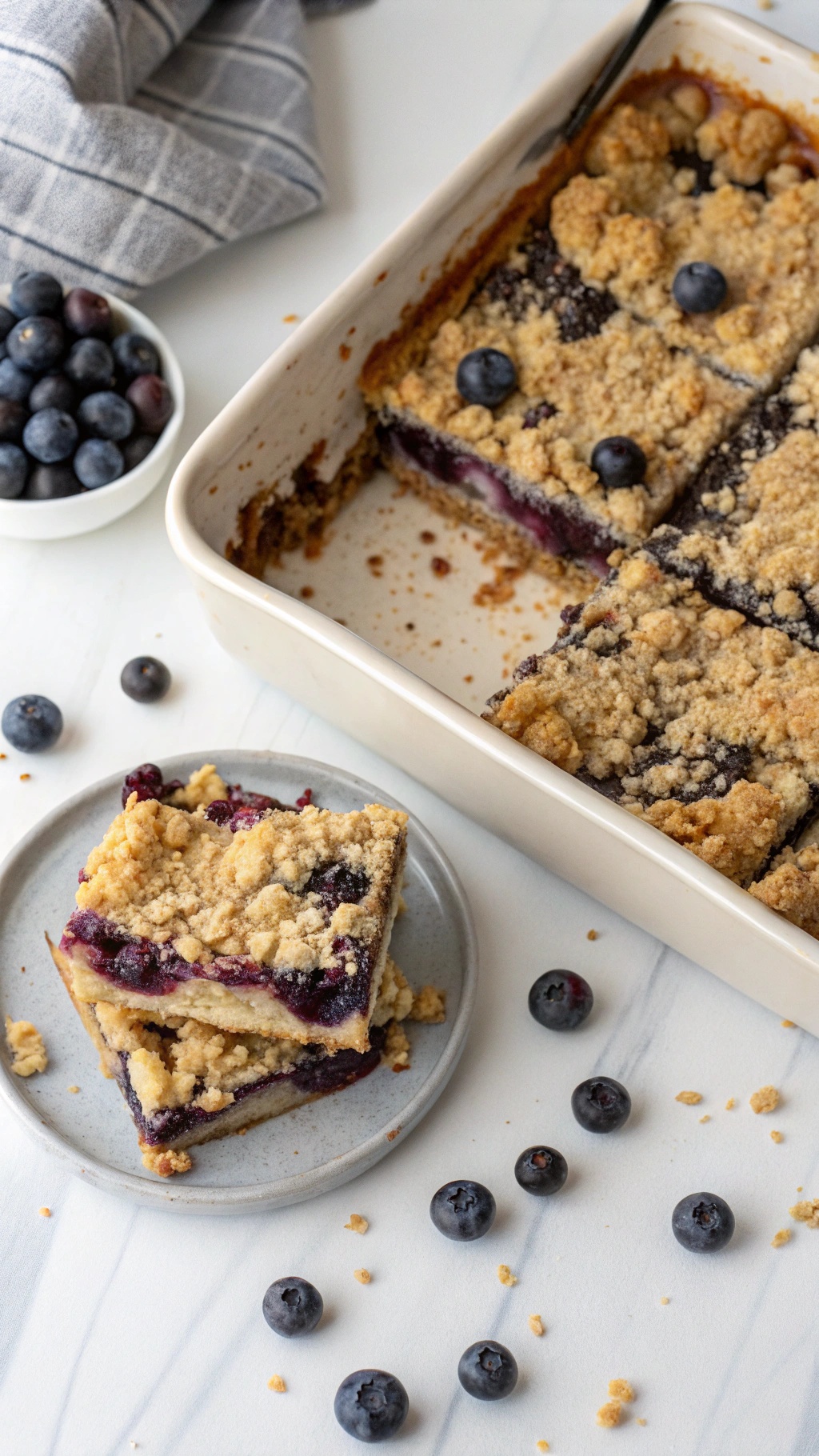 A plate of blueberry crumble bars with fresh blueberries scattered around.