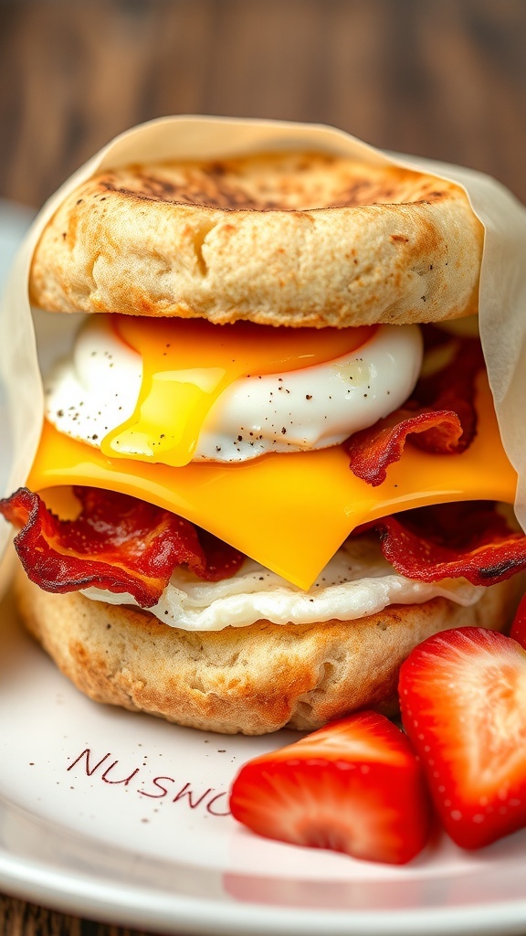A delicious breakfast sandwich with egg, cheese, and bacon on an English muffin, served with strawberries.