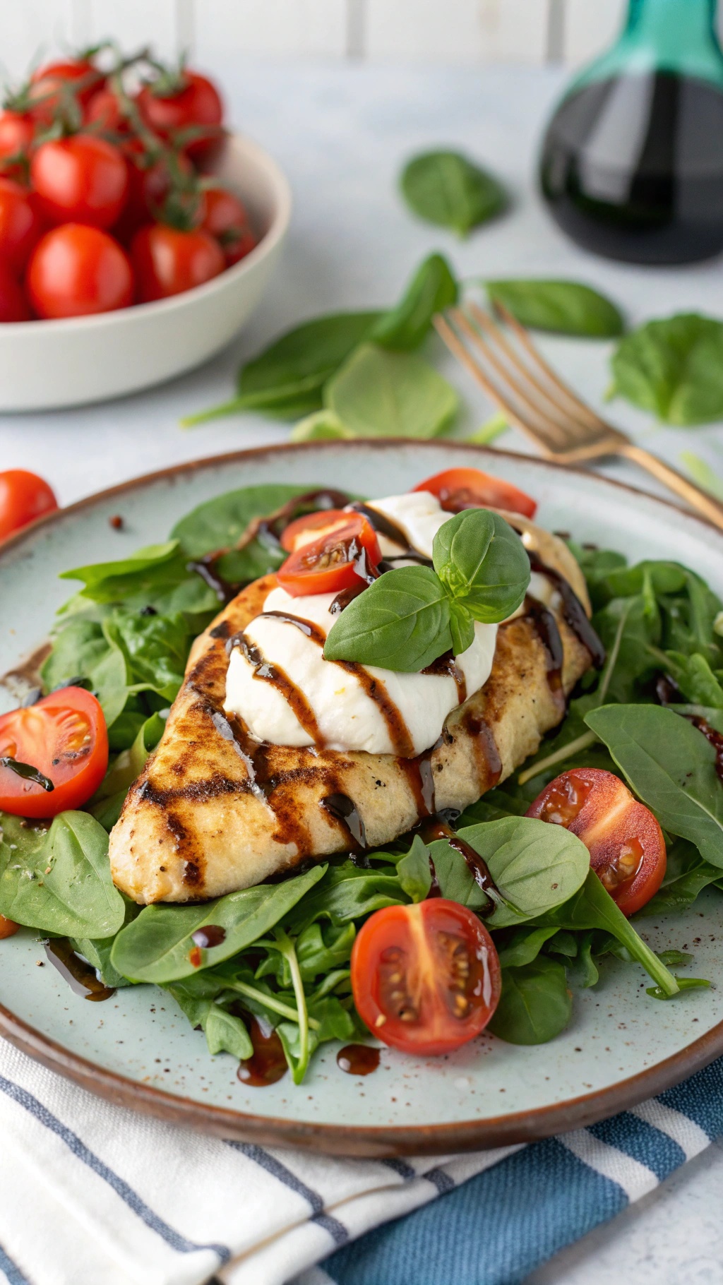 Grilled chicken breast topped with mozzarella, cherry tomatoes, and basil on a bed of spinach.