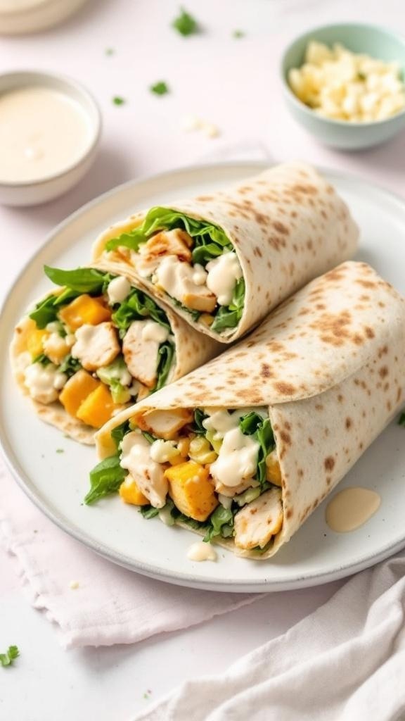 Two chicken Caesar salad wraps on a plate with lettuce and dressing.
