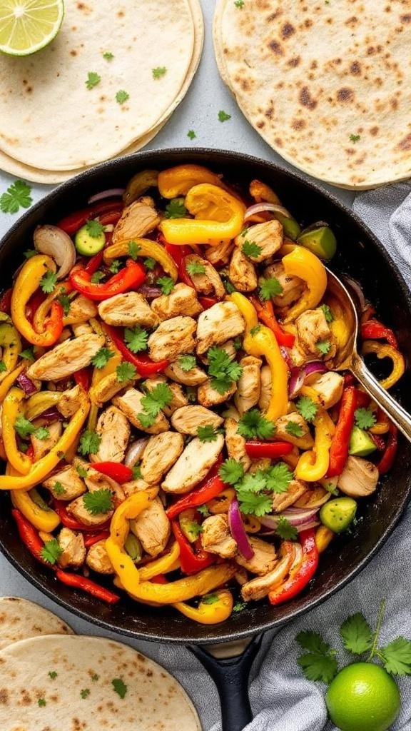 A skillet filled with colorful chicken fajitas made with rotisserie chicken, bell peppers, and onions, served with tortillas and lime.
