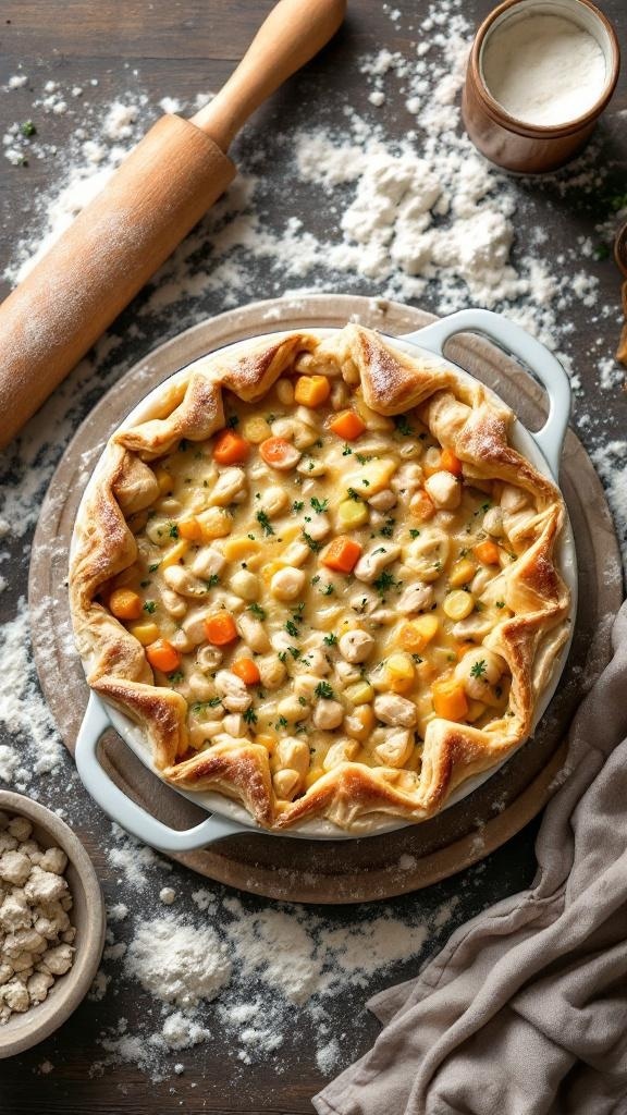 A delicious chicken pot pie casserole with a golden crust and colorful filling, surrounded by flour and a rolling pin.