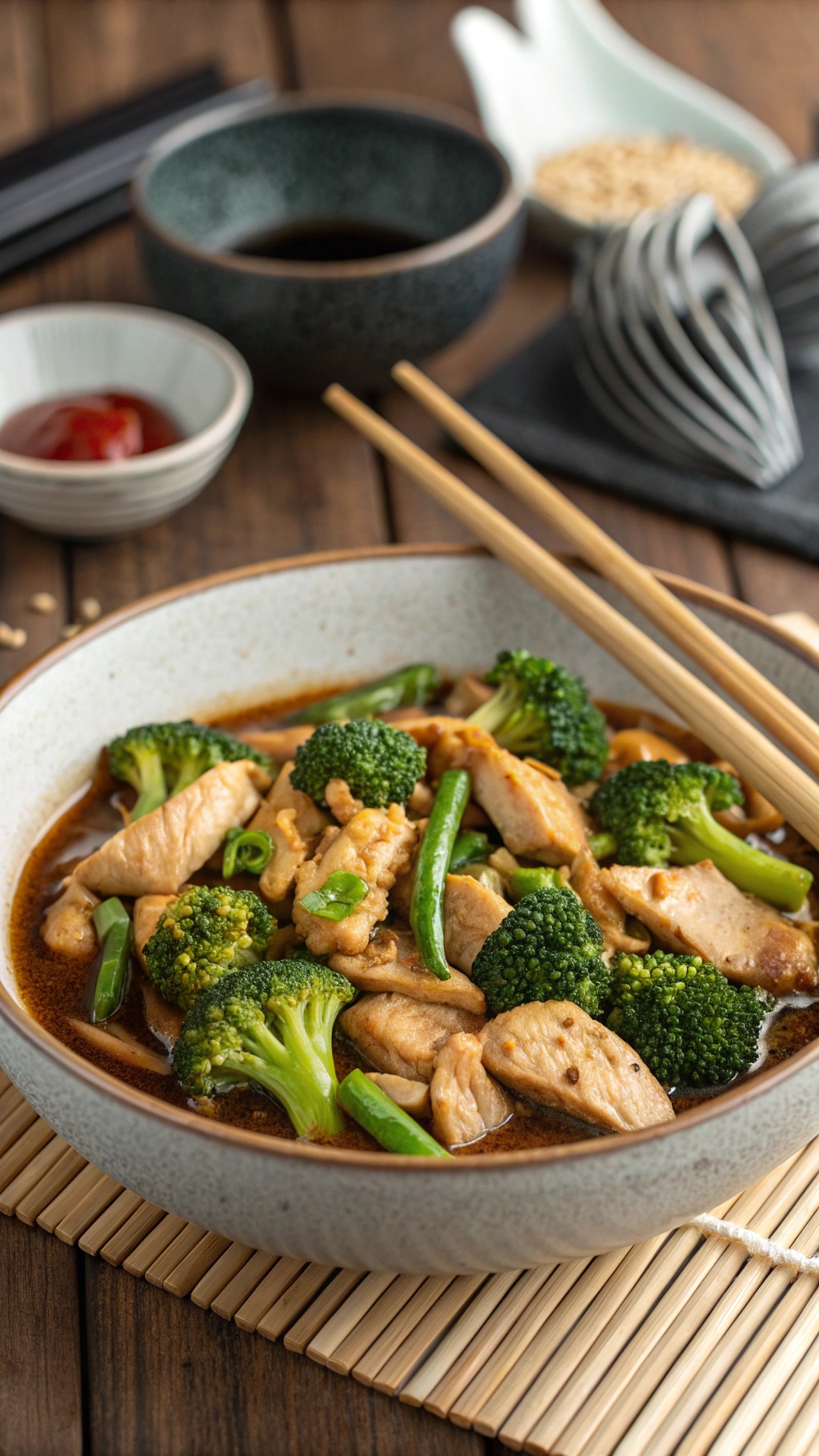 A bowl of chicken stir-fry with broccoli and snap peas, served with chopsticks.