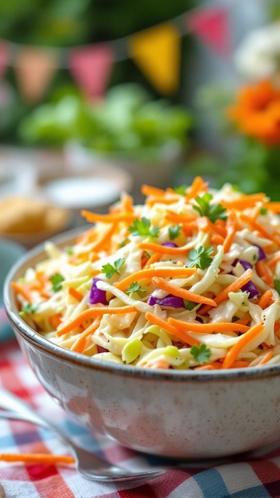 A bowl of colorful creamy coleslaw with shredded cabbage and carrots, garnished with parsley.