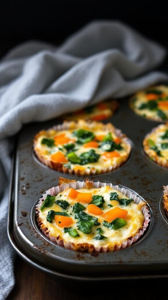 A tray of egg muffins filled with spinach and bell peppers, showcasing a healthy snack option.