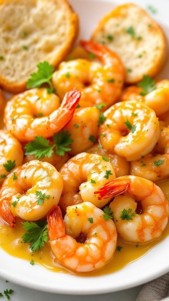 Plate of garlic butter shrimp garnished with parsley and served with toasted bread