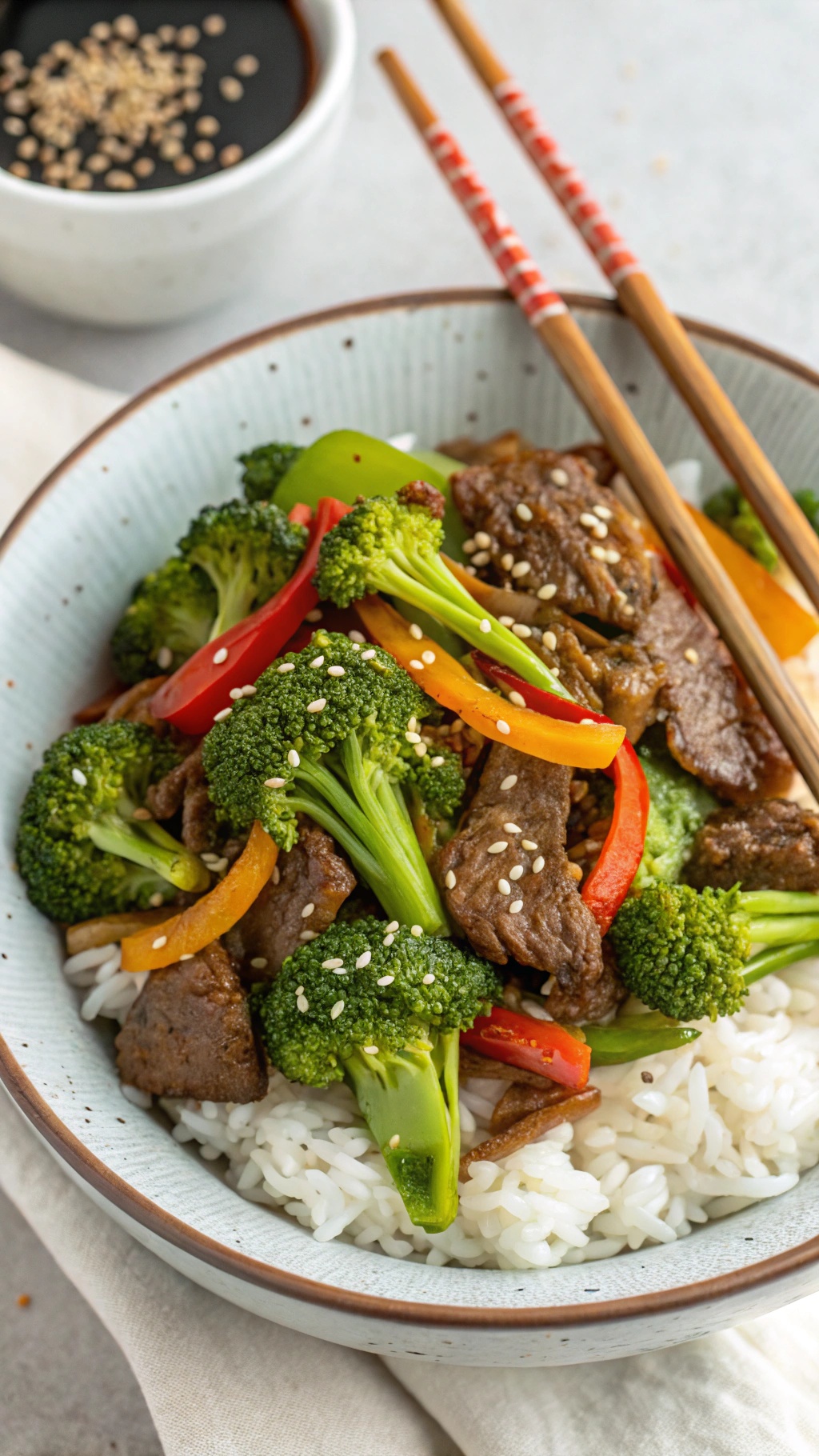 A bowl of ground beef and broccoli stir-fry served over rice with colorful bell peppers and sesame seeds.