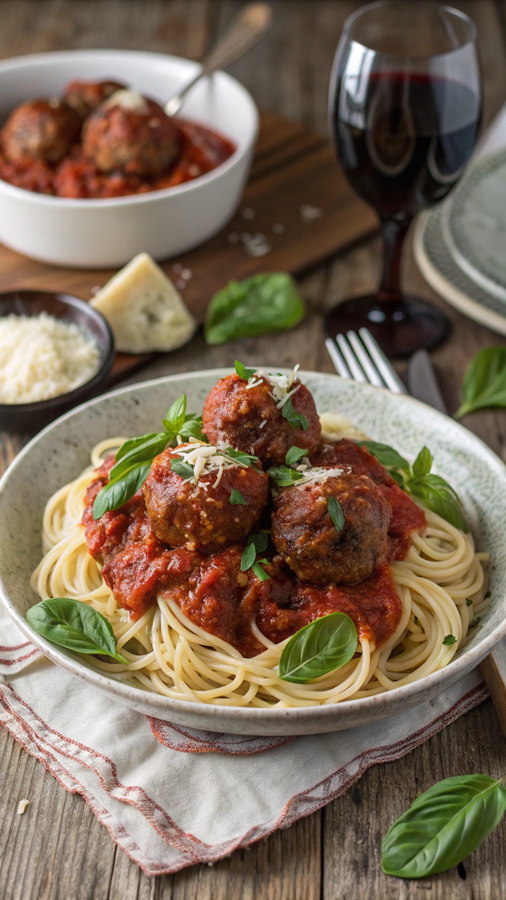 A plate of spaghetti topped with meatballs in marinara sauce, garnished with fresh basil.