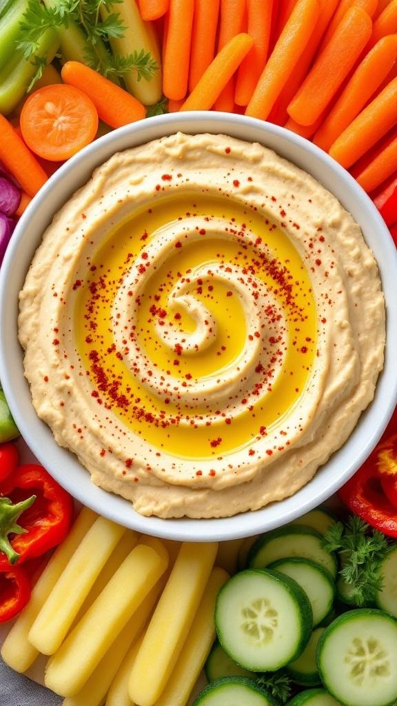 A bowl of creamy hummus surrounded by colorful fresh vegetables.