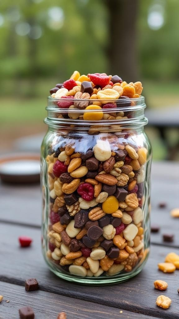 A jar filled with colorful homemade trail mix containing nuts, dried fruits, and chocolate pieces.