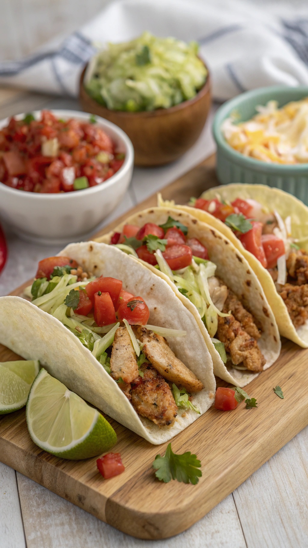 Delicious turkey tacos with fresh toppings on a wooden board