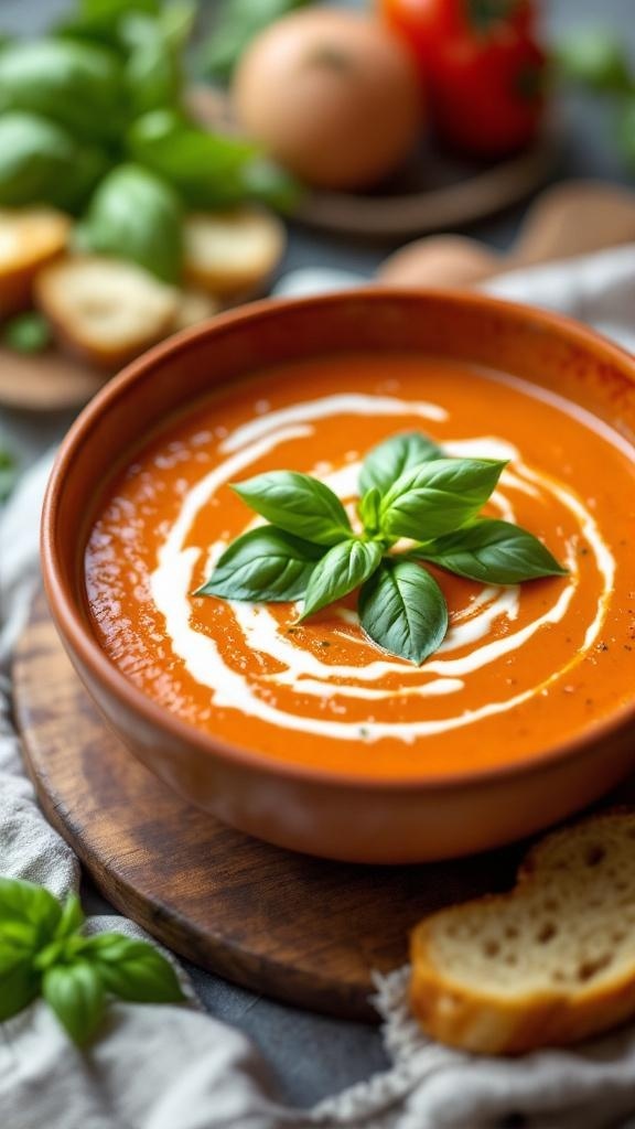 A bowl of creamy tomato basil soup garnished with basil leaves, with fresh ingredients in the background.