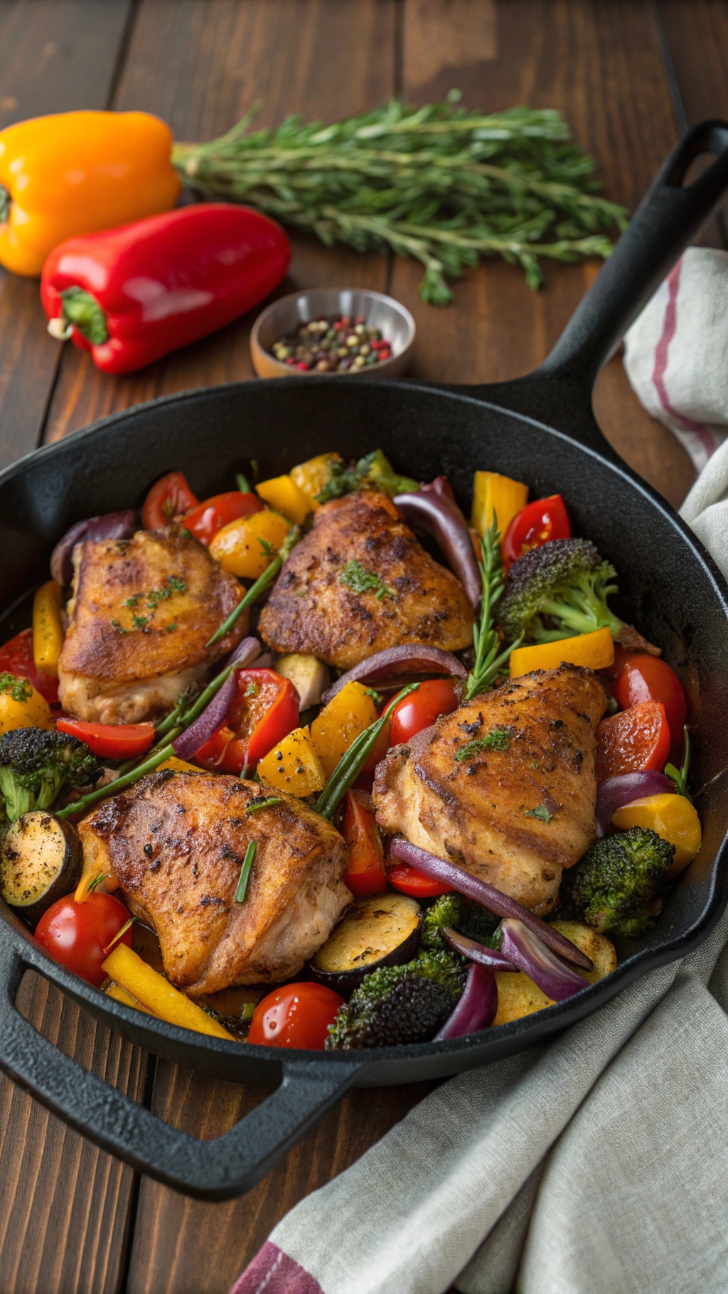 A delicious one-pan chicken and veggies dish with colorful bell peppers, cherry tomatoes, and broccoli.