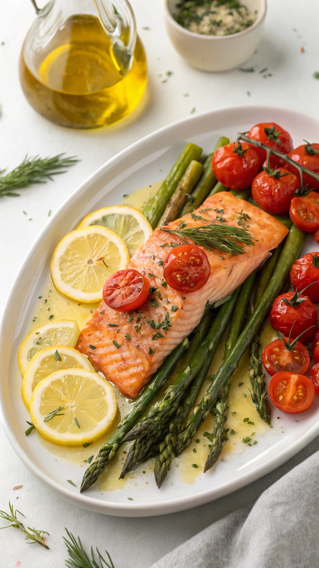 A plate of lemon garlic salmon with asparagus and cherry tomatoes, drizzled with olive oil.