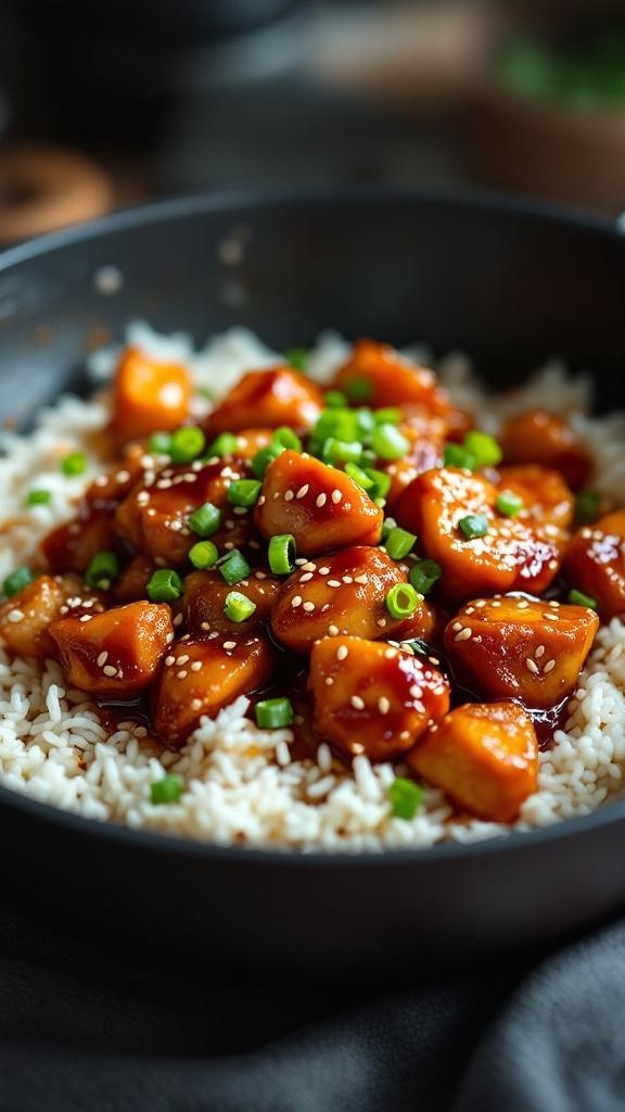 A bowl of teriyaki chicken and rice topped with green onions and sesame seeds.