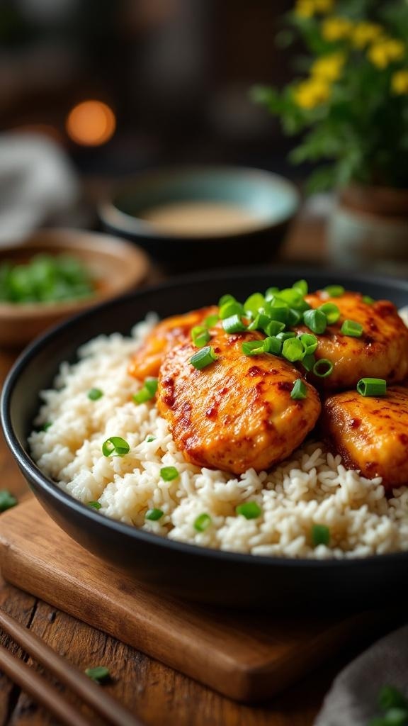 A bowl of chicken and rice garnished with green onions, showcasing a comforting one-pot meal.