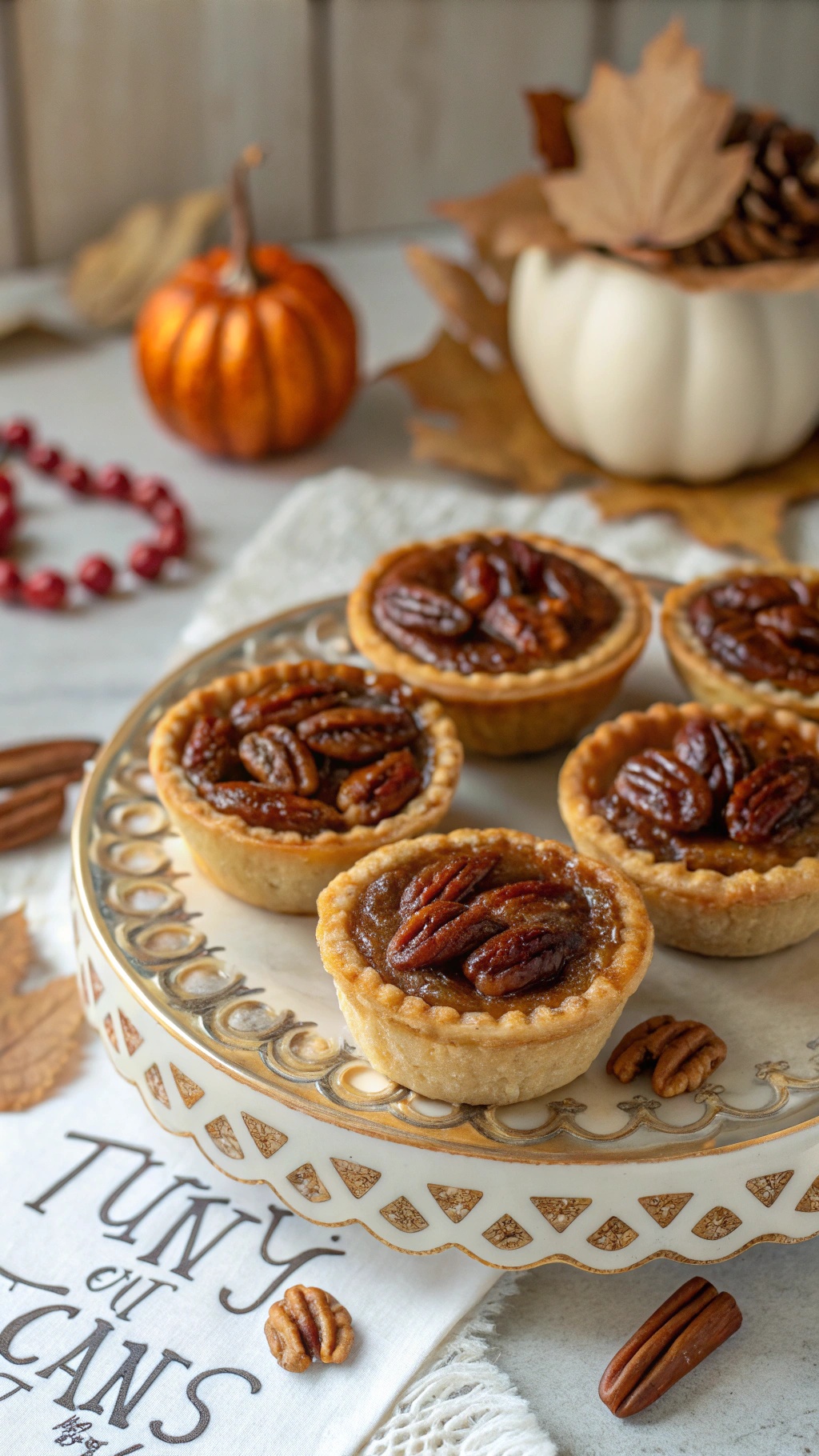 A plate of mini pecan pie bites with pecans on top, surrounded by autumn decorations.