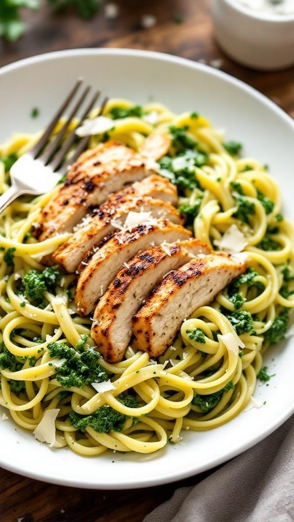 A plate of easy pesto pasta topped with grilled chicken slices and parmesan cheese.
