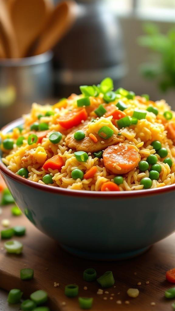 A colorful bowl of fried rice with rotisserie chicken and vegetables.