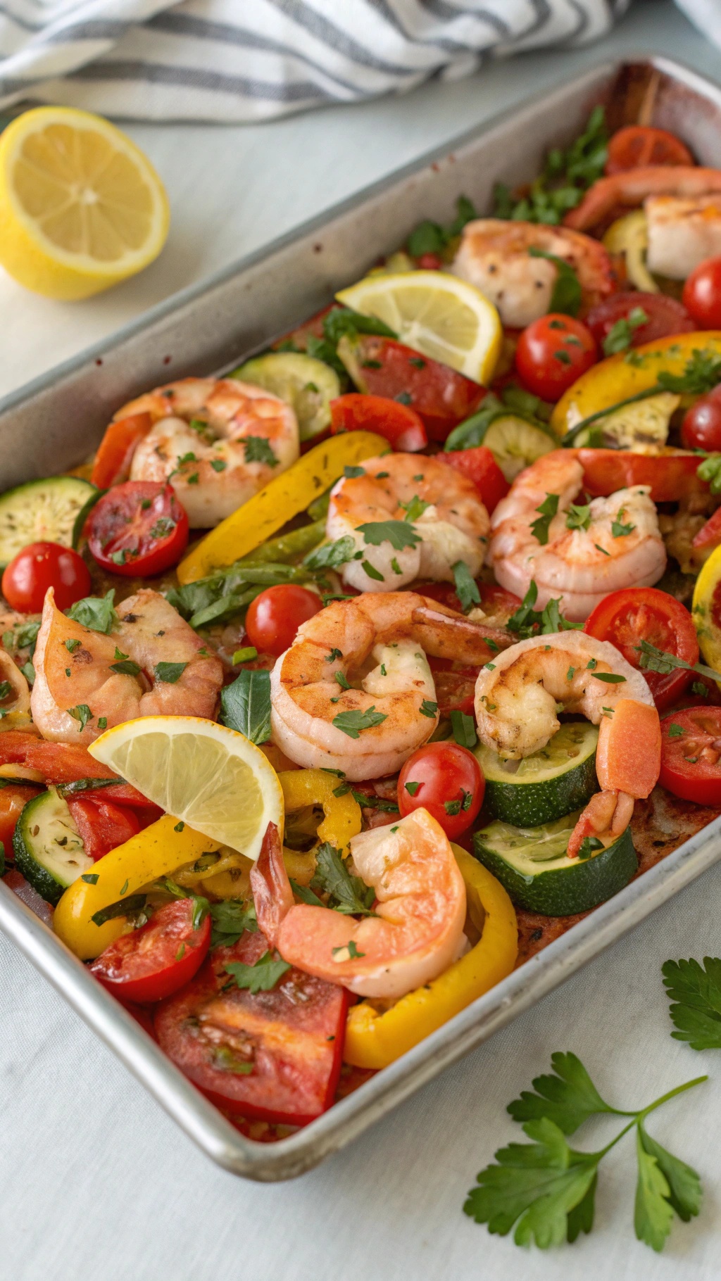 Sheet pan with Mediterranean shrimp and colorful vegetables