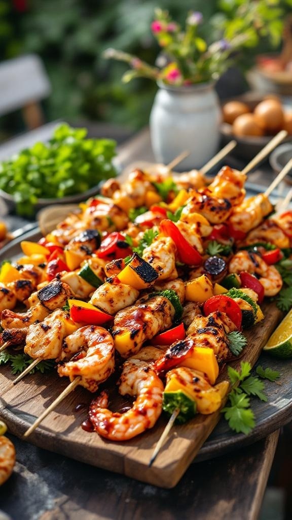 Colorful skewers with shrimp, bell peppers, zucchini, and pineapple on a wooden platter.