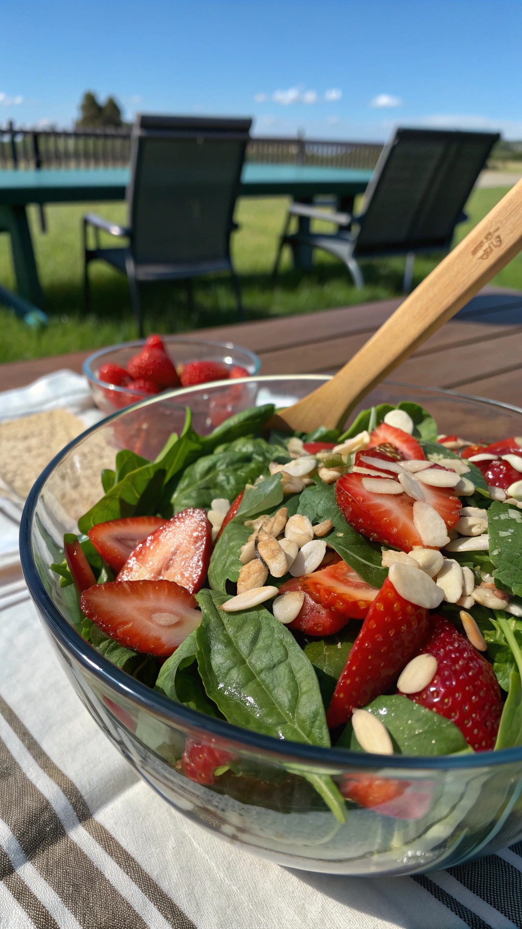 A fresh spinach and strawberry salad with sliced almonds in a clear bowl, set outdoors.