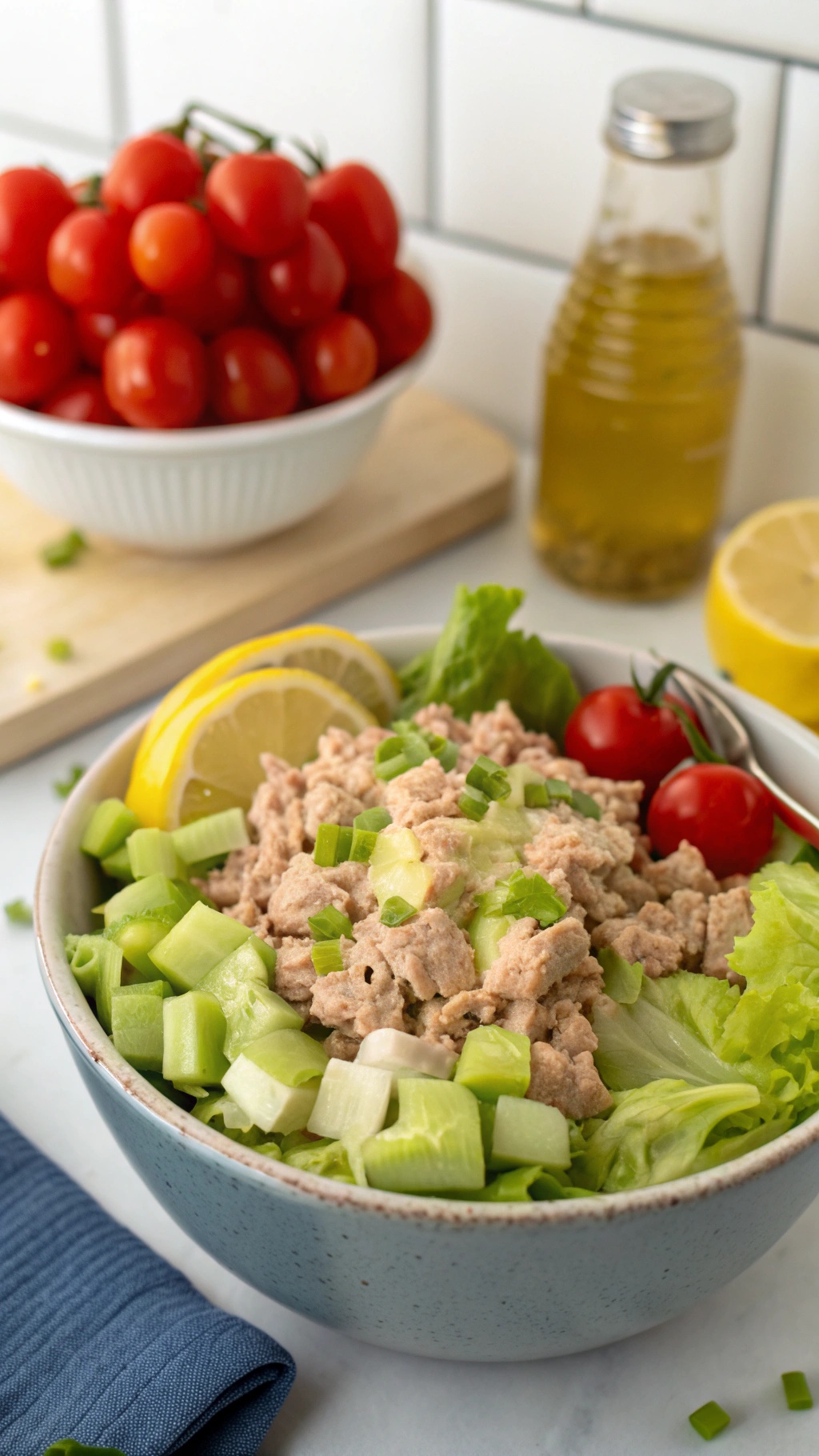 A bowl of easy tuna salad with lettuce, celery, cherry tomatoes, and lemon slices.