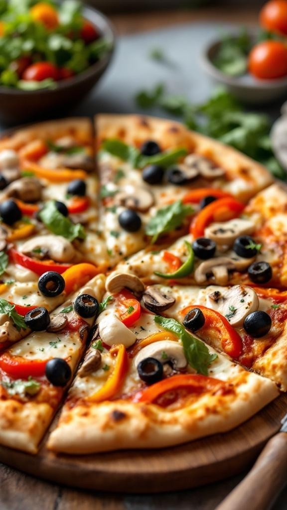 A delicious veggie pizza topped with bell peppers, mushrooms, olives, and spinach.