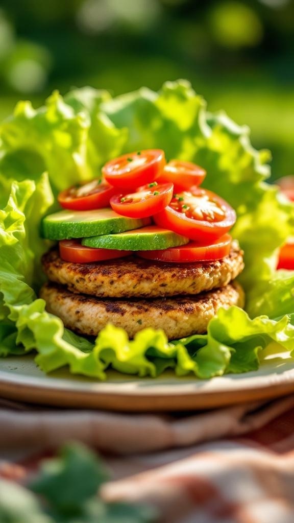 Lettuce-wrapped turkey burger with tomatoes and cucumbers