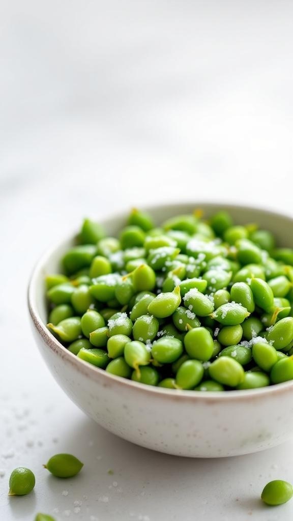 A bowl of edamame sprinkled with sea salt