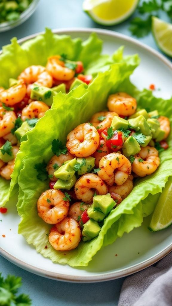 Keto shrimp tacos with avocado in lettuce wraps, garnished with cilantro and lime