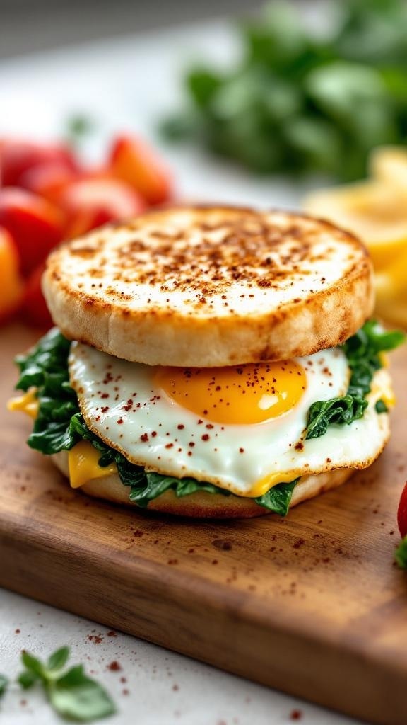 A delicious egg and spinach breakfast sandwich on a wooden board, featuring a sunny-side-up egg, fresh spinach, and melted cheese.