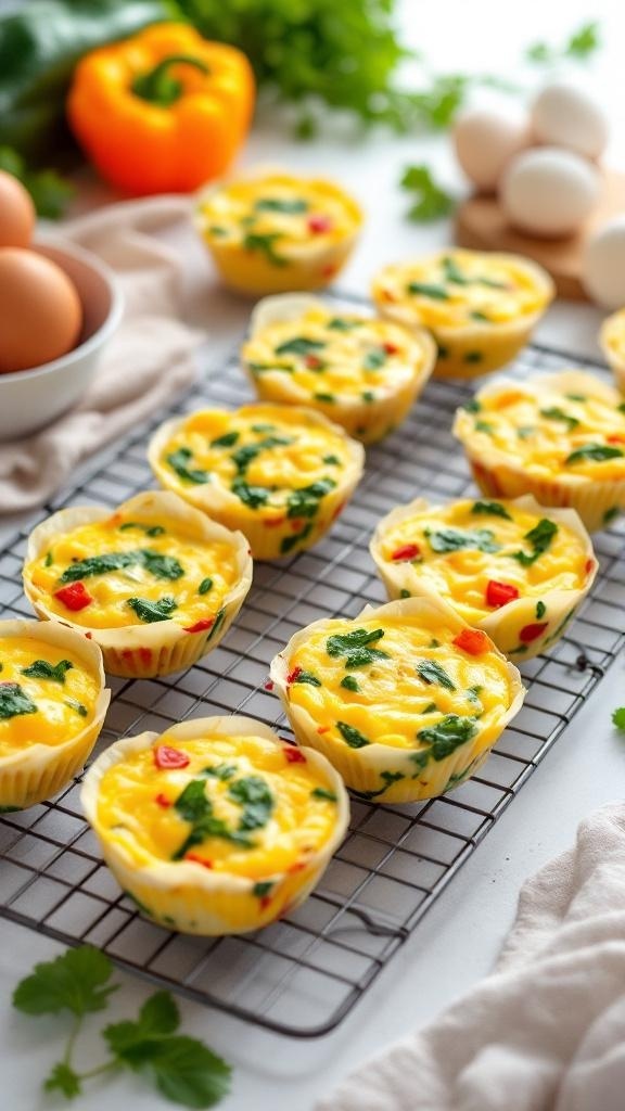 Colorful egg muffins cooling on a wire rack, surrounded by fresh ingredients.