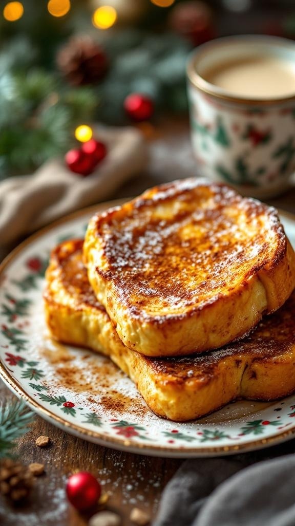 Delicious Eggnog French Toast served on a festive plate