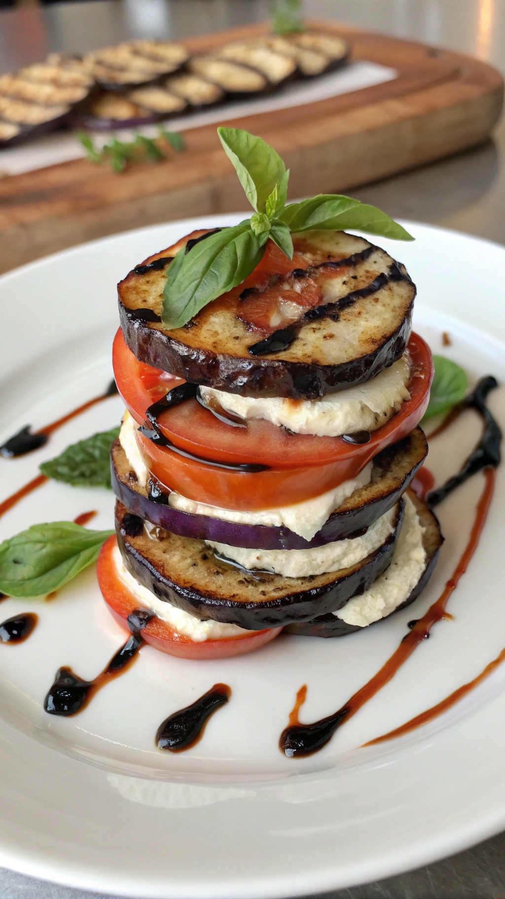 A plate of eggplant and tomato stacks with mozzarella, garnished with basil and drizzled with balsamic glaze.