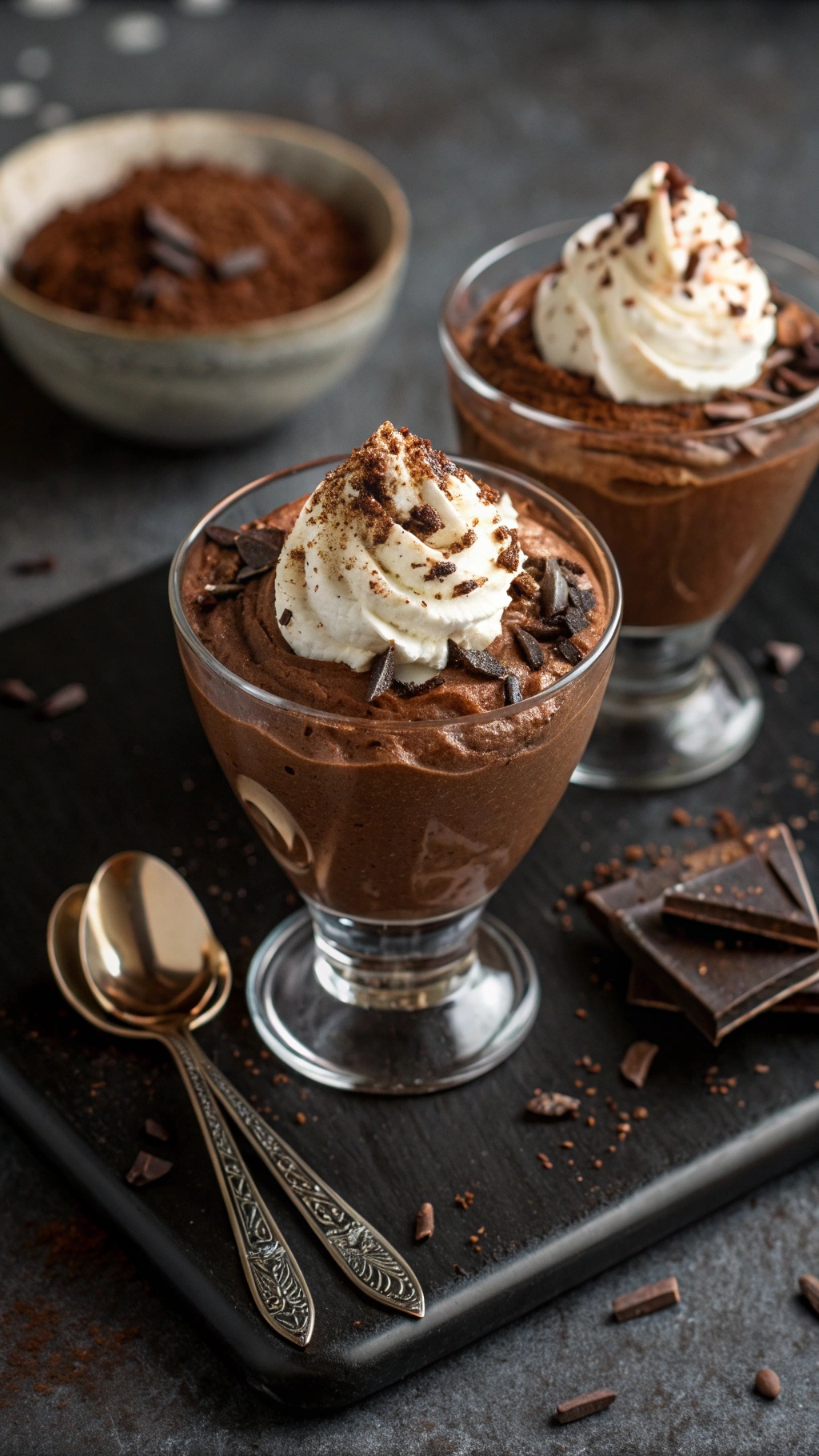 Two servings of low-sugar chocolate mousse topped with whipped cream and chocolate shavings.
