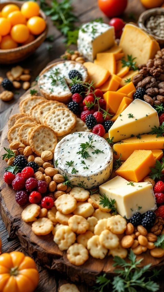 A beautifully arranged cheese board with various cheeses, fruits, nuts, and crackers.