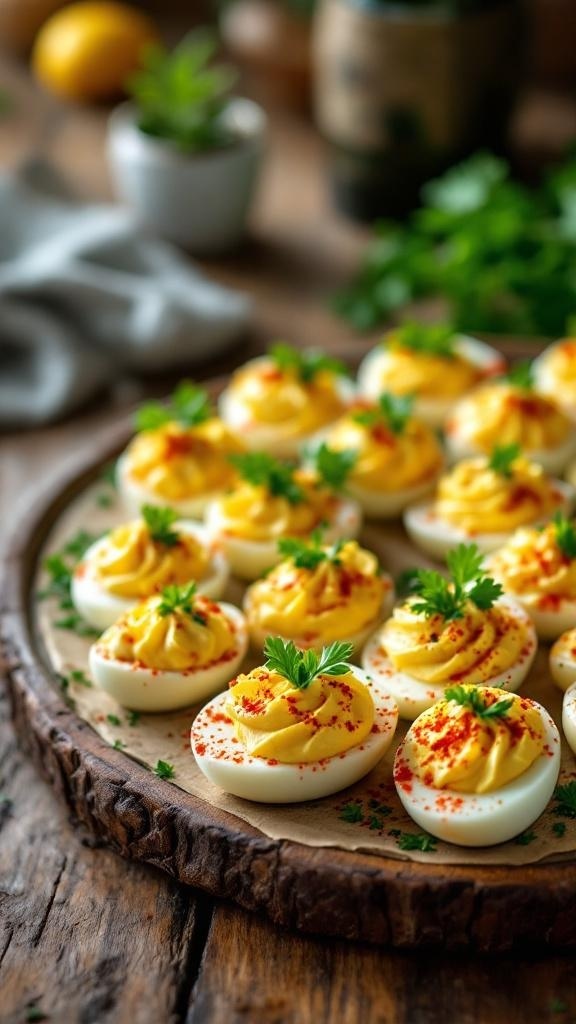 A platter of elegantly decorated deviled eggs with paprika and fresh herbs.