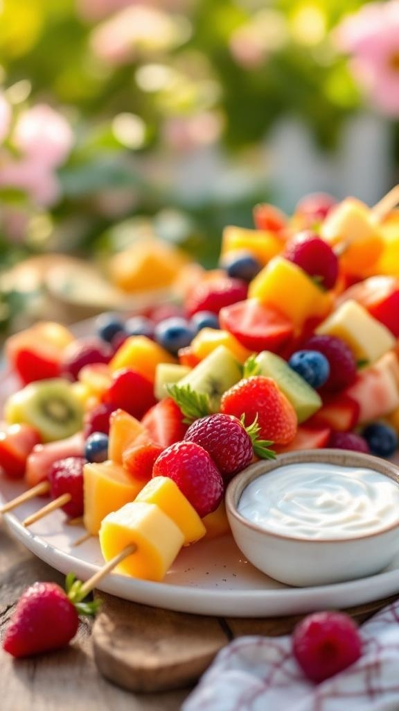 Colorful fruit skewers with a yogurt dip on a wooden table.