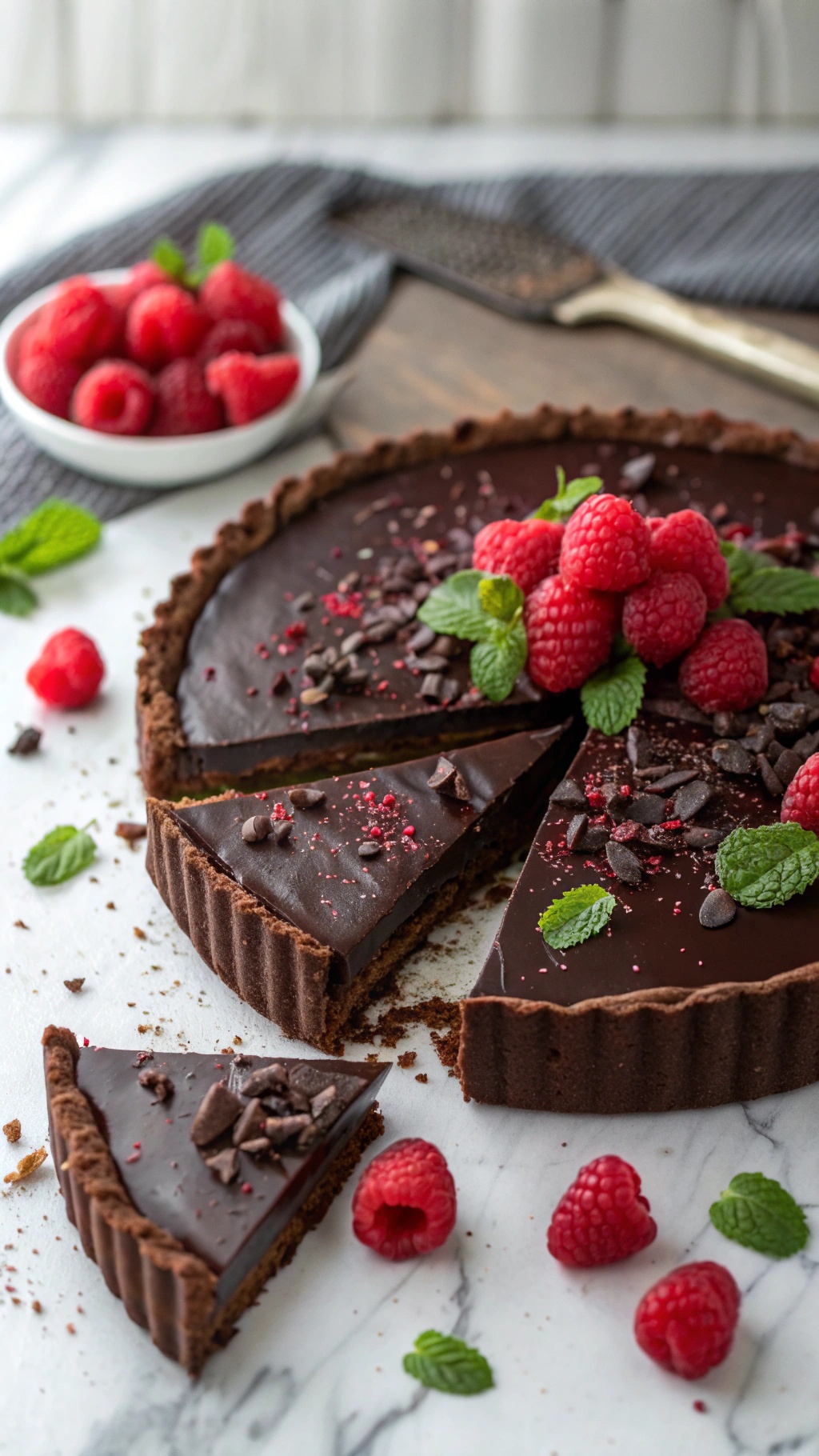 A no-bake chocolate tart topped with raspberries and mint leaves, with a slice cut out.
