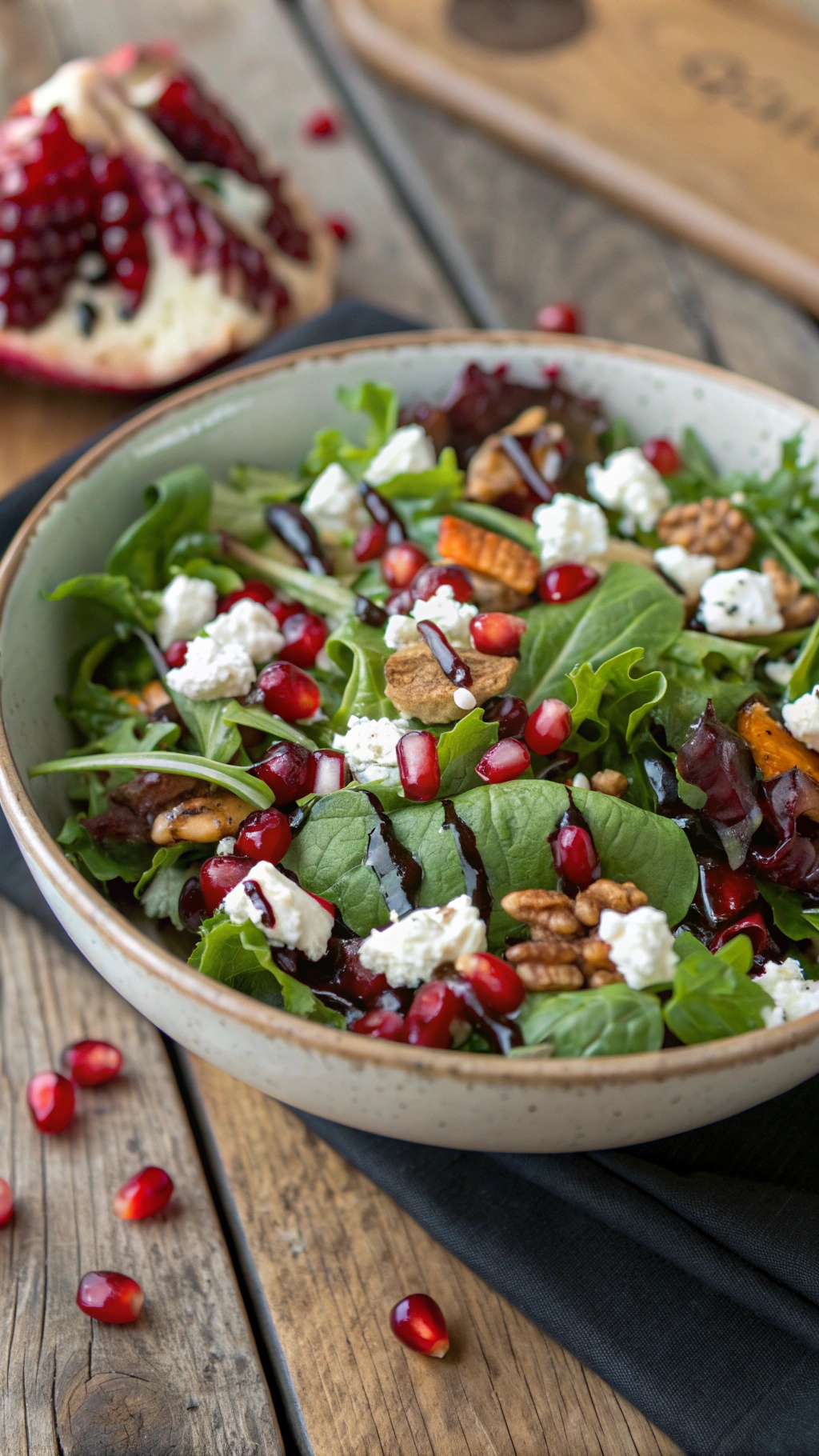 A vibrant pomegranate salad with mixed greens, walnuts, and goat cheese in a bowl.