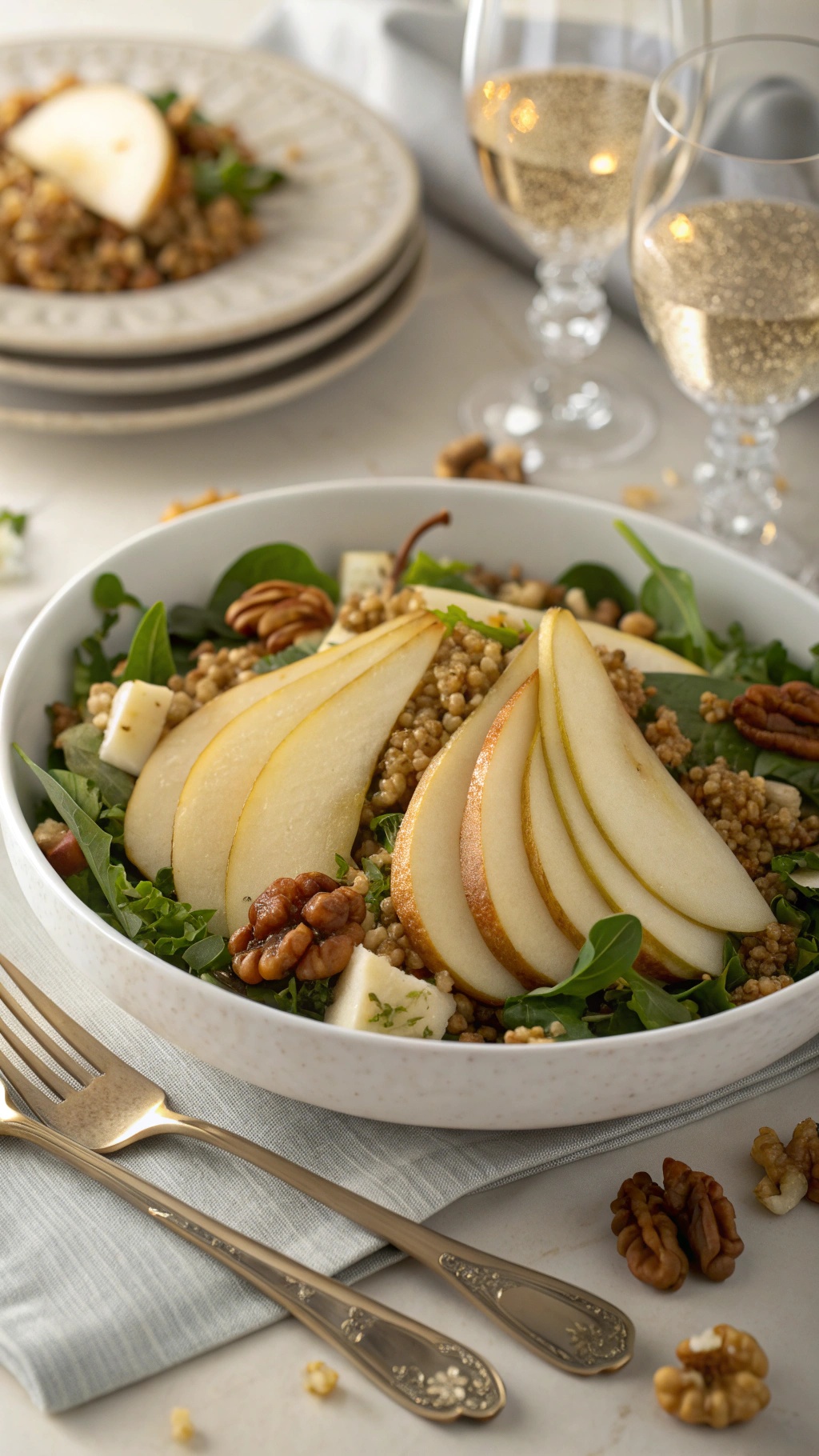 A beautiful quinoa salad with sliced pears, walnuts, and greens, served in a white bowl.